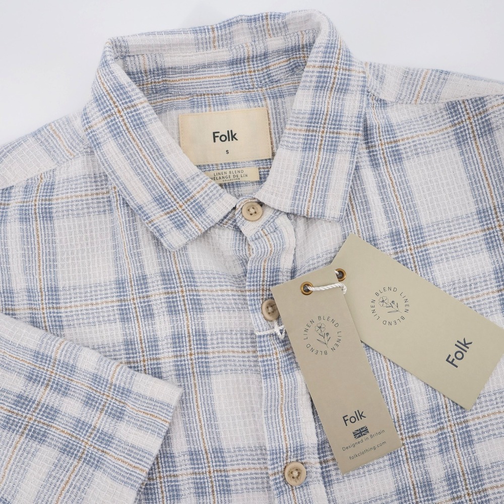 NEW Folk Linen Blend Curtis Plaid Button Down Shirt Blue Short Sleeve Mens Small